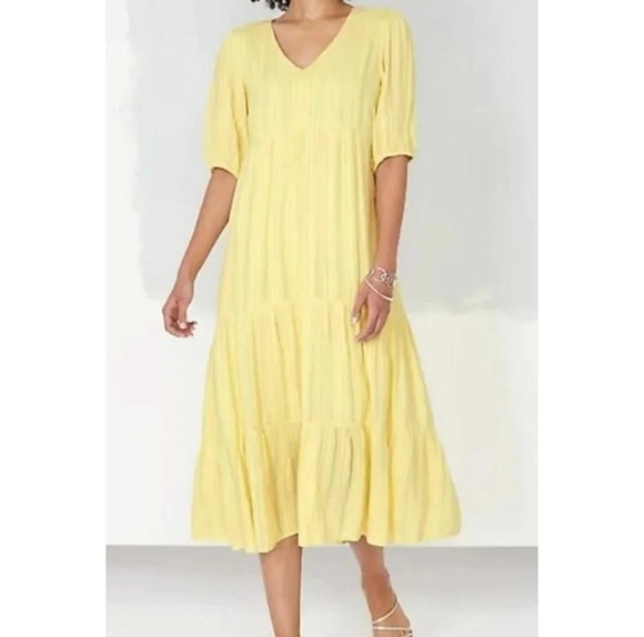 J. Jill Dresses & Skirts - J. Jill Women's Jacquard V-Neck Tiered Midi Dress Size XL Yellow